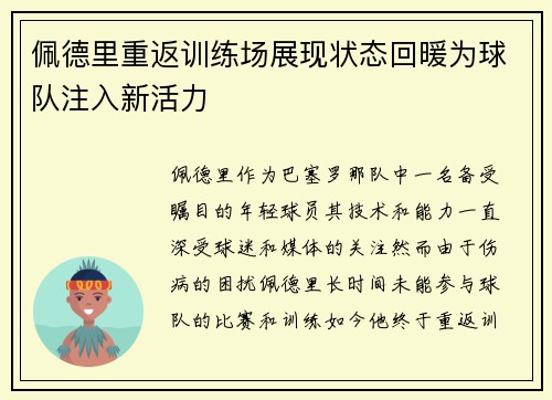 佩德里重返训练场展现状态回暖为球队注入新活力